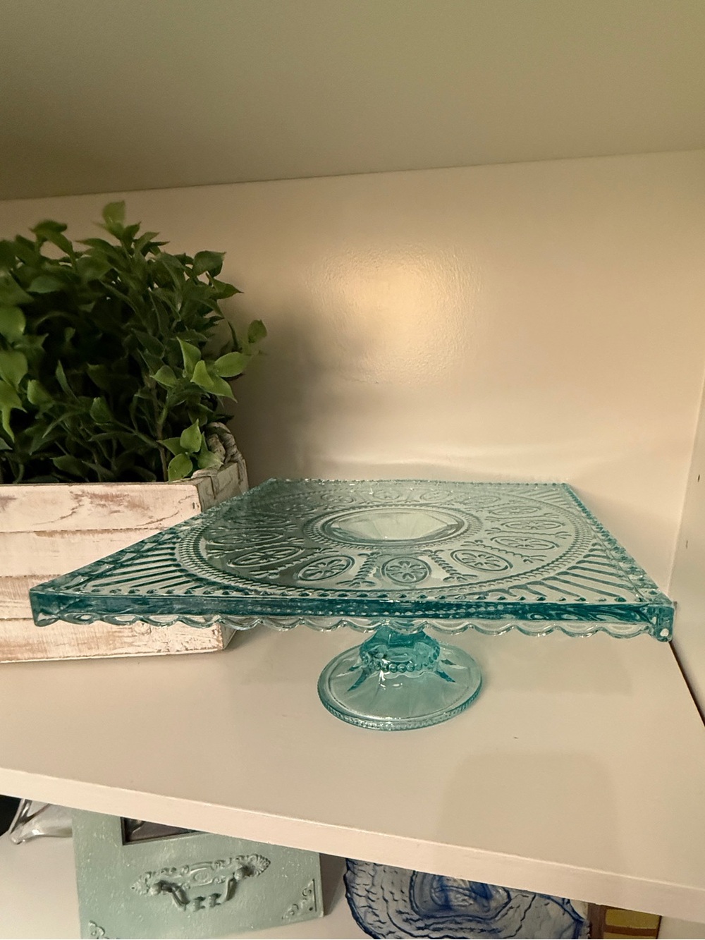 Aqua Blue Pressed Glass Square Pedestal Cake Stand 10” Ornate Scalloped Edge
